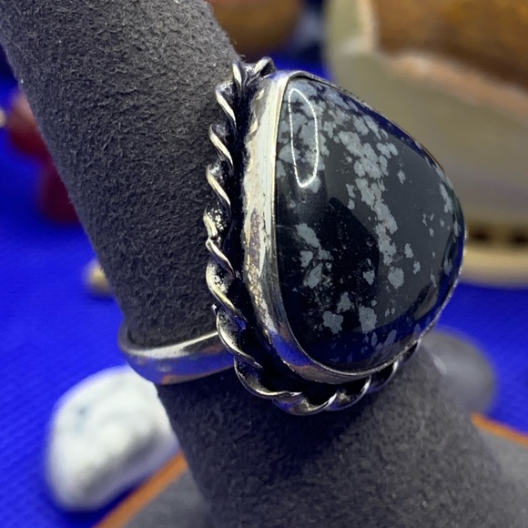 Comfort Curl ADJUSTABLE Beautiful Snowflake Obsidian Ring! .925 Sterling Overlay - Picture 10 of 16